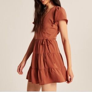 Abercrombie & Fitch Rust Short-Sleeve Tiered Wrap Mini Dress